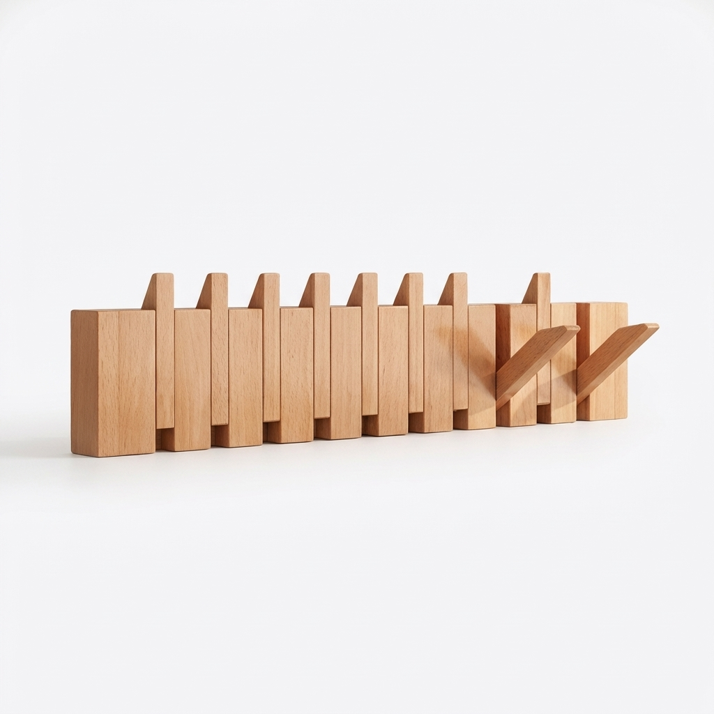Stylish Wooden Wall Mounted Coat Rack with Foldable Piano Key Hooks for Space-Saving Storage