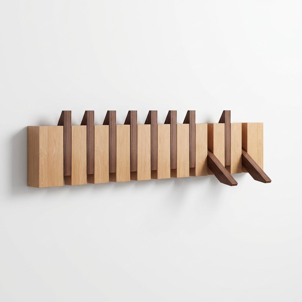 Stylish Wooden Wall Mounted Coat Rack with Foldable Piano Key Hooks for Space-Saving Storage