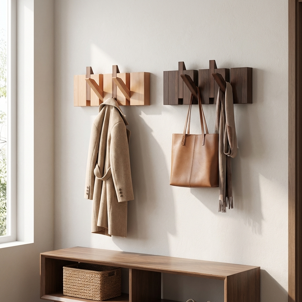 Stylish Wooden Wall Mounted Coat Rack with Foldable Piano Key Hooks for Space-Saving Storage
